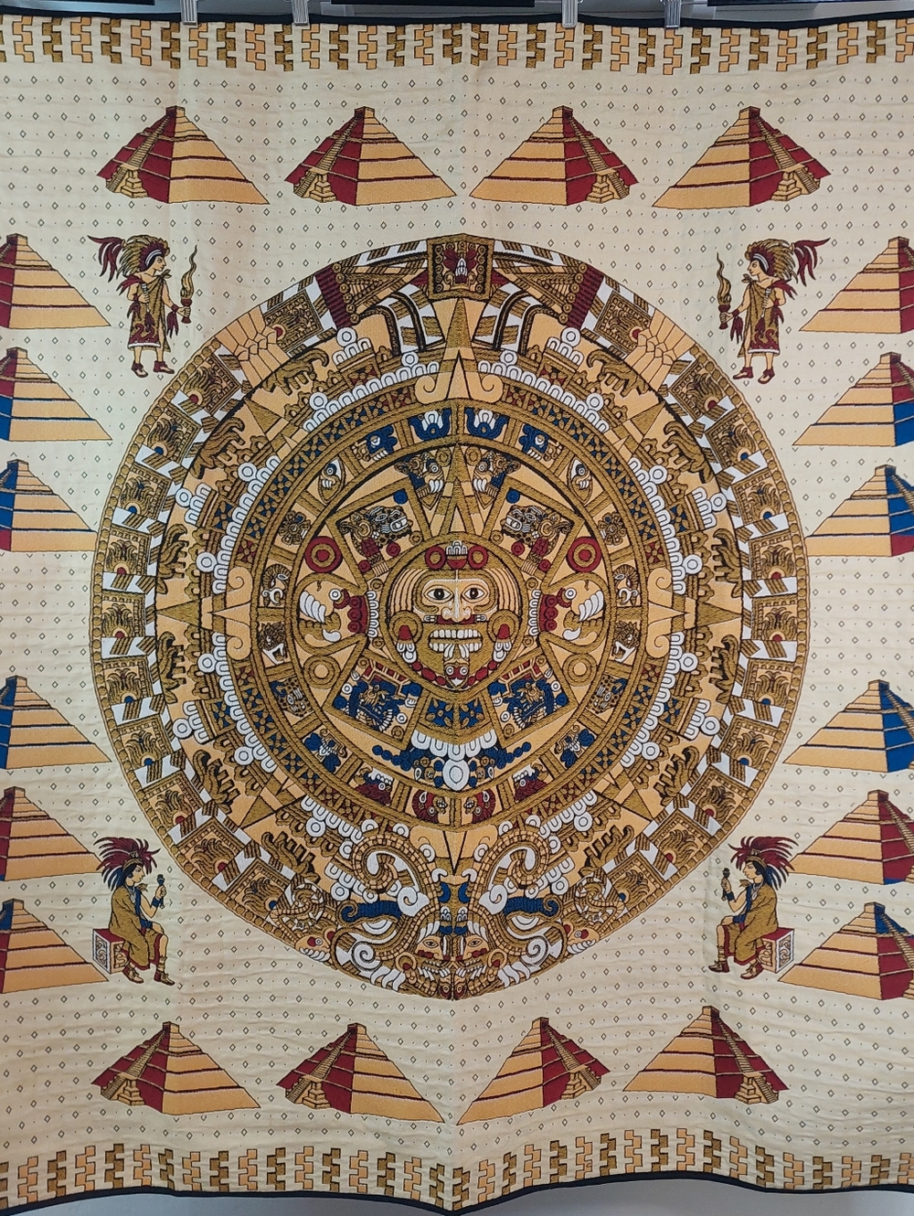 Vintage Aztec Sun Stone Calendar Quilt Blanket Mexican Pyramid Sun Art Boho Art